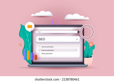 SEO optimization concept 3D illustration. Icon composition with settings and promotion, increasing traffic, data analysis in browser on computer screen. Vector illustration for modern web design