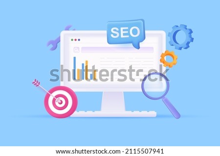 Seo optimization concept 3D illustration. Icon composition with search line and keywords on computer screen, magnifier, aiming target, settings and gears. Vector illustration for modern web design