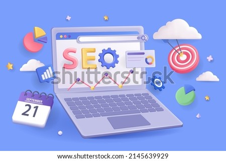 Seo optimization concept 3D illustration. Icon composition with data statistics at laptop screen, traffic increase, target, calendar, diagram and other. Vector illustration for modern web design
