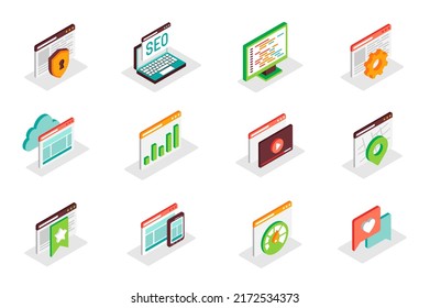 SEO optimization concept 3d isometric icons set. Pack isometry elements of security, keyword, settings, data, content, location, bookmark, speed and other. Vector illustration for modern web design