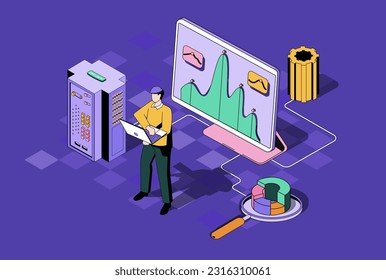 Seo optimization concept in 3d isometric design. Man analyze algorithms and statistic data, selects keywords and optimizes site ranking. Vector illustration with isometry people scene for web graphic