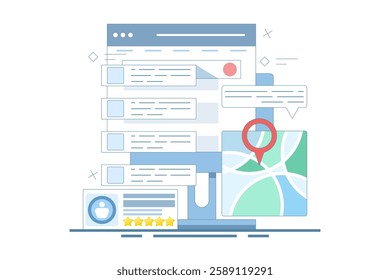 SEO Optimization Concept, Business address in search engine map, Website SEO, Store location in search results. Sitemap creation process. Flat vector illustration on background.