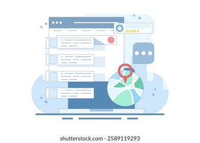 SEO Optimization Concept, Business address in search engine map, Website SEO, Store location in search results. Sitemap creation process. Flat vector illustration on background.