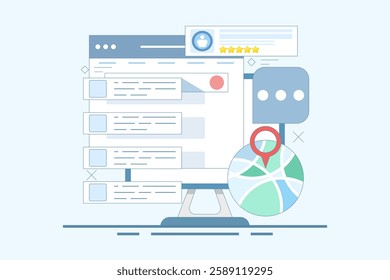 SEO Optimization Concept, Business address in search engine map, Website SEO, Store location in search results. Sitemap creation process. Flat vector illustration on background.