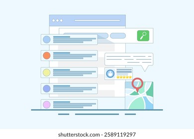 SEO Optimization Concept, Business address in search engine map, Website SEO, Store location in search results. Sitemap creation process. Flat vector illustration on background.