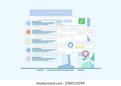 SEO Optimization Concept, Business address in search engine map, Website SEO, Store location in search results. Sitemap creation process. Flat vector illustration on background.