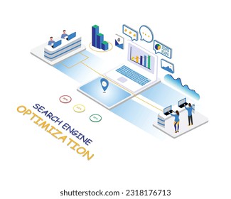 SEO optimization concept. Business strategy, analysis data, marketing research, development project. Teamwork at the office. Flat-style vector illustration.