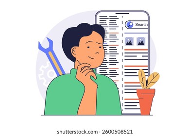 SEO optimization concept with cartoon people in flat design for web. Man making data analysis of search results, working with keywords, doing settings from mobile phone app. Vector illustration.
