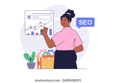 SEO optimization concept with cartoon people in flat design for web. Woman making data analysis of search results, working with statistic report, researching online traffic. Vector illustration.