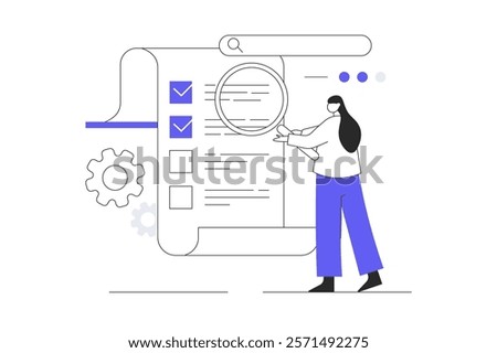 Seo optimization concept. Character with magnifier researching traffic data and works with checklist. Flat Cartoon Vector Illustration, icon. Stylish abstract Modern