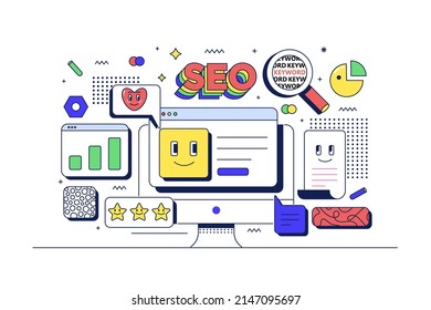 SEO optimization concept. Computer and related icons. Flat line 90s cartoon style. Vector illustration