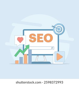 SEO Optimization Concept. Computer with Target and Graphics. Social Media Marketing. Search Engine with Laptop Computer Search Input. Flat Vector Illustration Design on Background.
