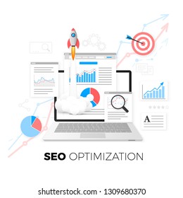 SEO optimization concept. Data analytics. Search engine optimization strategy. Content development and production. Vector illustration