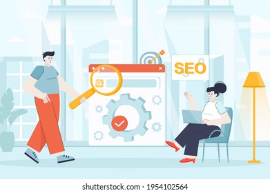 Seo optimization concept in flat design. Developers work in office scene. Man and woman customize search, targeting, ranking, analysis data. Vector illustration of people characters for landing page