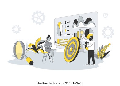 SEO optimization concept in flat line design. People analyze data, settings site for search engines, selects keywords, optimizes for popular queries. Vector illustration with outline scene for web