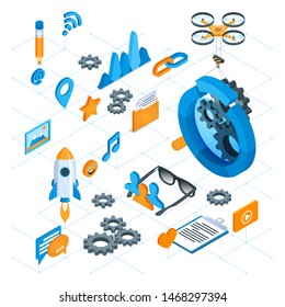Seo optimization concept. Magnifying glass, gears, pencil, computer monitor and drone. Isometric vector illustration