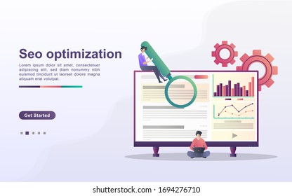 SEO Optimization concept. SEO marketing company, SEO result optimization, SEO Ranking. Can use for web landing page, banner, flyer, mobile app. Vector Illustration