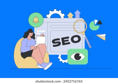 SEO optimization concept in modern flat design for web. Woman making data research, improving traffic and site ranking for internet. Vector illustration for social media banner, marketing material.