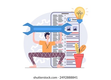 SEO optimization concept in modern flat design for web. Man analyzing search data, improving page traffic, brainstorming process, making settings and maintenance with wrench. Vector illustration.