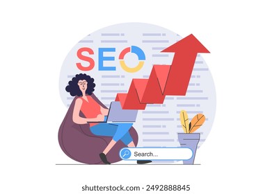 Concepto de optimización SEO en diseño plano moderno para el Web. Mujer que analiza los datos de búsqueda en el gráfico de crecimiento de la flecha, haciendo Configuraciones y mejorando el tráfico de la página para la clasificación superior en la búsqueda. Ilustración vectorial.