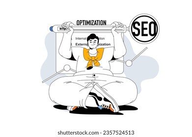 Seo optimization concept with people scene in flat line design for web. Man analyzing website data, optimizing search engines ranking. Vector illustration for social media banner, marketing material.