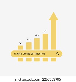 SEO optimization concept. Search bar with Search Engine Optimization query, graph with icons of SEO tactics like link building, keywords research, content optimization and upward growth