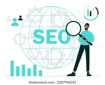 SEO optimization concept. Search engine optimization, web page promotion. Evaluation of user behavior and traffic. Website ranking position at Internet. Cartoon flat vector illustration