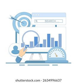 SEO conceito de otimização. Search Engine Otimization, campanha para homepage website. resultados de pesquisa de site, publicidade ou marketing para melhorar a classificação na web. design plano.