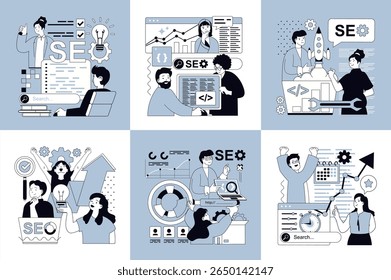 Seo conceito de otimização de banners de mídia social definido para web design. As pessoas pesquisam dados de tráfego do site, localizando consultas no navegador, selecionando palavras-chave, otimiza métricas do site. Ilustrações vetoriais.