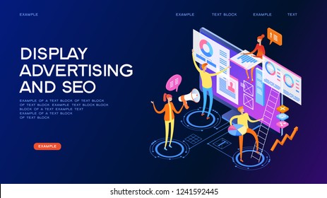 Seo optimization concept. Team work together on web design. Isometric infographics or banner.  Development group characters. Flat isometric vector illustration.