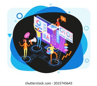 Seo optimization concept. Team work together on web design. Isometric infographics or banner.  Development group characters. Flat isometric vector illustration.