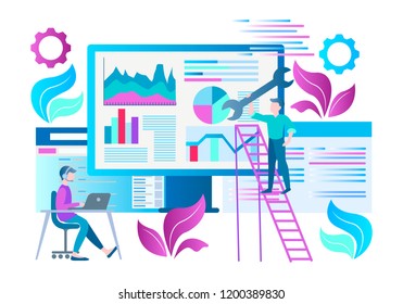 Seo optimization concept  teamwork, marketing team at a computer online worldwide setting up websites. Vector illustration for web design, advertising posters, presentations, blogging.