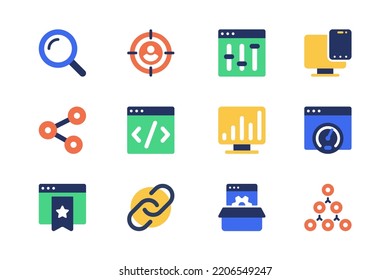 Concepto de optimización de sesión de iconos web establecidos en un diseño plano simple. Paquete de máquina de búsqueda, destino, configuración, enlace, codificación, análisis de datos, página de tráfico de velocidad y otros.Pictogramas vectores para aplicación móvil