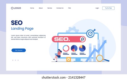 SEO optimization concept, website development, entrepreneur, business web, data analyst, flat illustration vector landing page