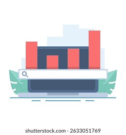 SEO conceito de otimização. Otimização de palavra-chave de SEO do site, Pesquisas mais populares. Trending topics. Site SEO, gráfico de barras superior com barra de pesquisa. Ilustração de design plano no fundo.