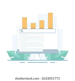 SEO conceito de otimização. Otimização de palavra-chave de SEO do site, Pesquisas mais populares. Trending topics. Site SEO, gráfico de barras superior com barra de pesquisa. Ilustração de design plano no fundo.