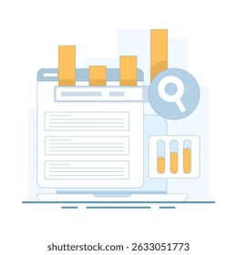 SEO optimization concept. Website SEO keyword optimization, Most popular searches. Trending topics. Website SEO, Top bar chart with search bar. Flat design illustration in the background.