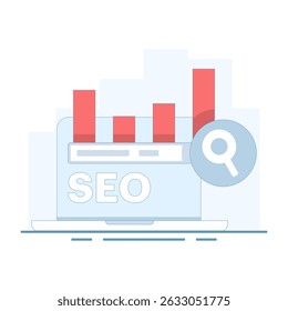 SEO conceito de otimização. Otimização de palavra-chave de SEO do site, Pesquisas mais populares. Trending topics. Site SEO, gráfico de barras superior com barra de pesquisa. Ilustração de design plano no fundo.