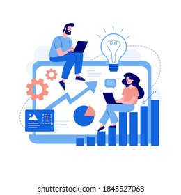 SEO optimization concept for websites and mobile websites. Landing page template. Vector illustration, a man and a woman are working at laptops. Modern flat design