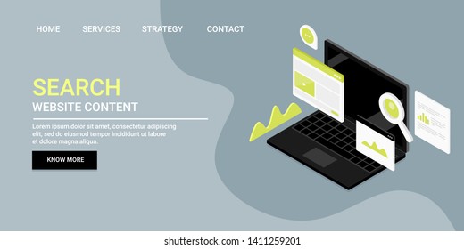 Seo optimization, content search, Analysis of website seo, 3D, isometric vector banner with icons and texts