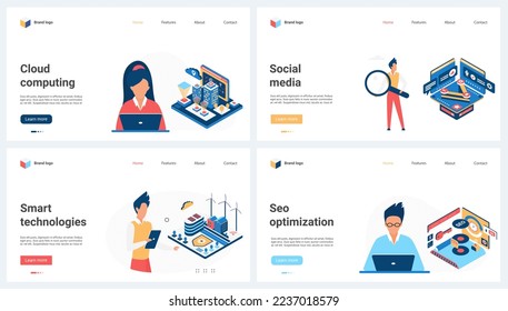 SEO optimization and data analysis service, cloud computing, social media set vector illustration. Cartoon tiny people research and develop business, using smart technology and computer systems