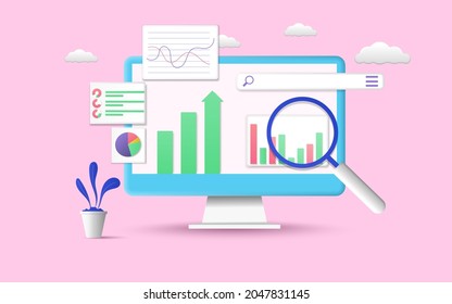 SEO optimization, Data analytics, dashboard and Business financial report chart. web analytics, website optimization marketing. on computer .3d vector illustration on pink background.