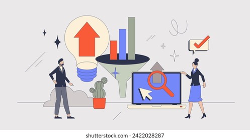 SEO optimization and data funnel results analysis retro tiny person concept. Search engine performance improvement with precise and targeted audience planning vector illustration. Marketing analytics