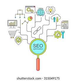 SEO, optimization and development background with colored linear icons. Infographics background seo optimization with line style colored icons.