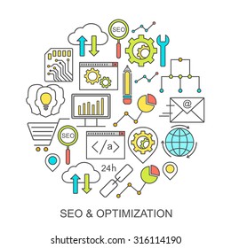 SEO, optimization and development background with colored linear icons. Infographics seo optimization round shape background  with line style colored icons.