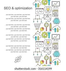 SEO, optimization and development background with colored linear icons. Infographics seo optimization  background  with place for text.