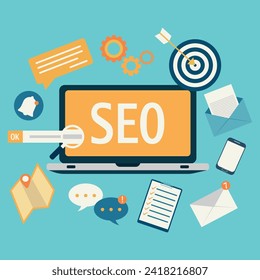 SEO optimization. Digital marketing business icons set. Targeting, monitoring and search result. Modern flat design concept for web, app or banner