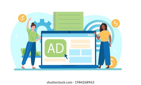 Seo optimization, digital marketing, customer relationships, pay per click advertising. Flat abstract metaphor cartoon vector illustration concept web banner design isolated on white background