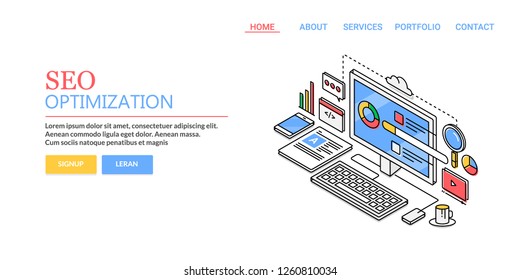 SEO optimization, Digital marketing, Search engine optimization flat line vector banner with icons and texts