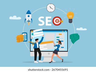Optimización SEO e ilustración de estrategia de marketing digital con trabajo en equipo, crecimiento de negocios, publicidad en línea y análisis de tráfico de Sitios web